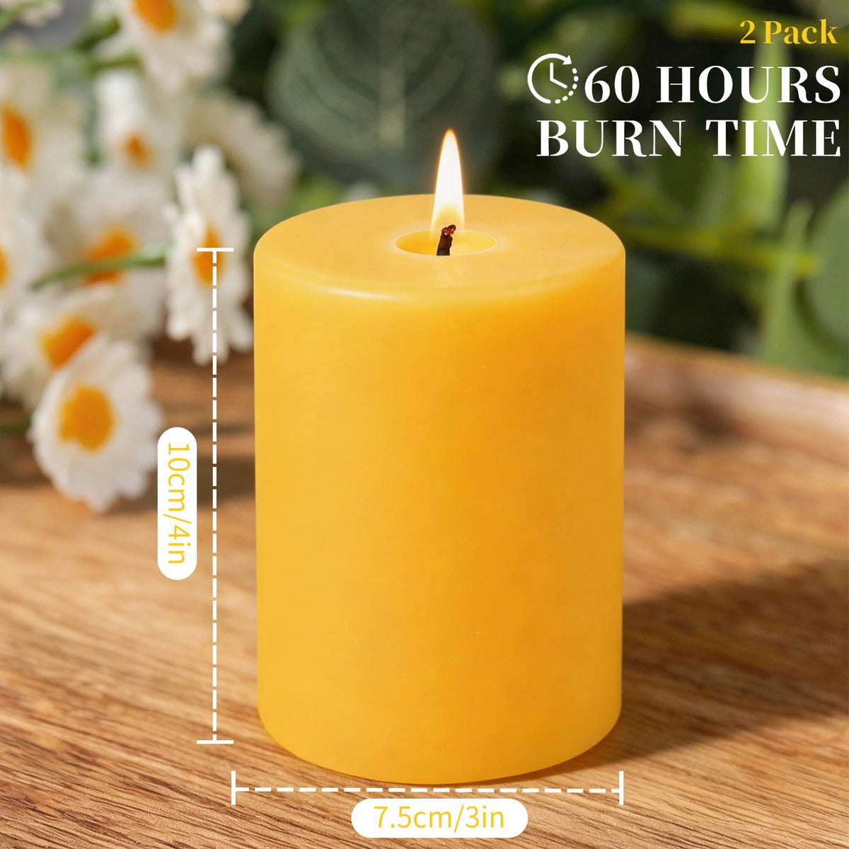 UGBEM 2 Packs 3"x 4" Natural Beeswax Pillar Candles, 100% Pure Beeswax Candle 120 Hours Long Burning Emergency Candle, Unscented Bees Wax Candles for Home Decor, Air Purification, Smokeless & Dripless
