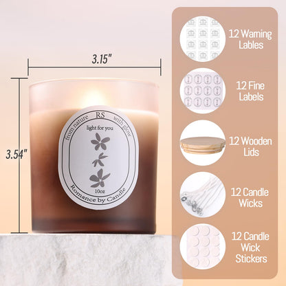 REISEN 12Pcs Gradient Amber Candle Jars for Making Candles, 10oz Glass Jars with Bamboo Lids, Candle Wick Kit and Sticky Warning Labels, Candle Containers Vessels for DIY Gifts
