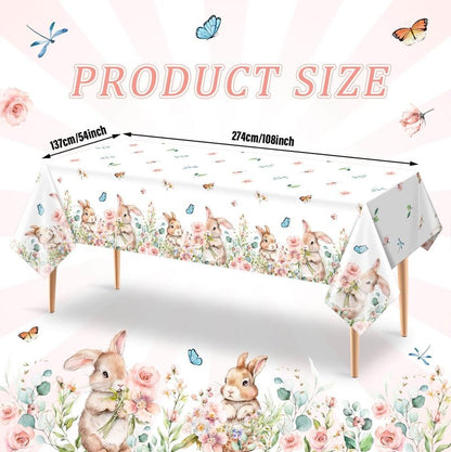 Vanulus 3Pcs Spring Easter Bunny Party Tablecloth Cute Rabbits Pink Floral Disposable Plastic Table Cover Rectangle Table Cloth for Spring Farmhouse Picnic Dinner Table 54x108Inch