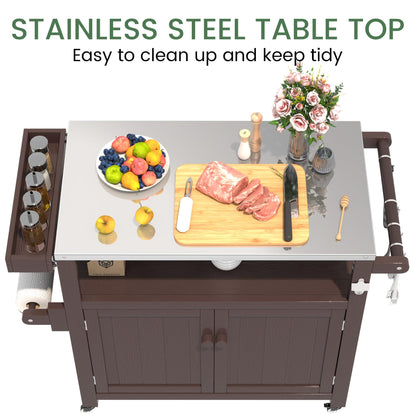 Sunnibety Weatherproof HIPS Outdoor Kitchen Island with Stainless Steel Top & Storage Cabinet, Movable Prep Table with Wheels for BBQ Food Prep, Outdoor Grill Cart for Parties, Brown