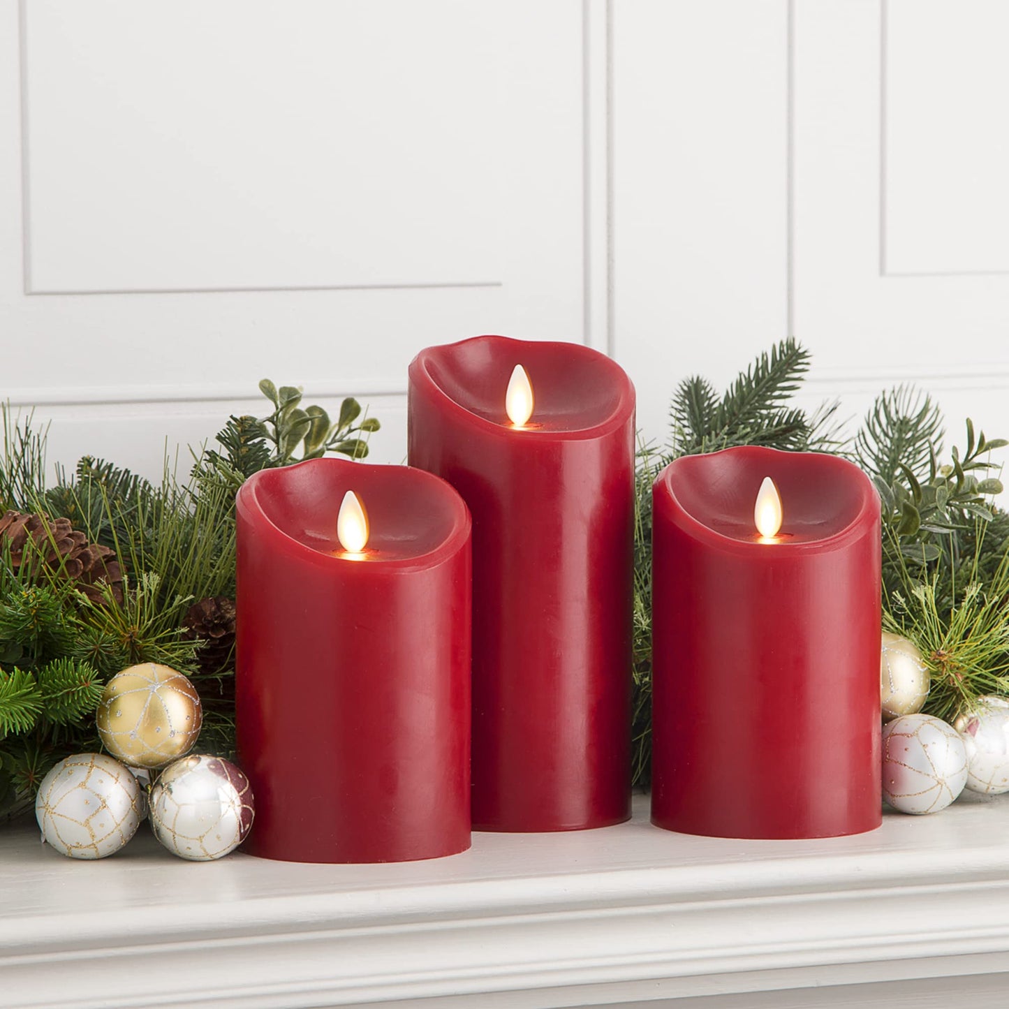 Luminara Flameless Flickering Melted Edge Set of 3 Candles, Battery Operated & Timer Function, Remote Included, Unscented Paraffin Burgundy Wax LED Light Pillar, Christmas Holiday Décor