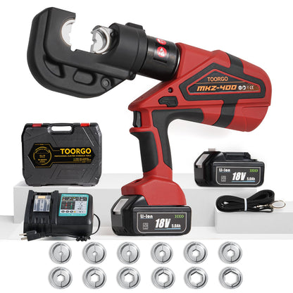 TOORGO Electric Crimping Tool,12 Ton 6AWG-800MCM Rechargeable Cable Crimper for Al/Cu Terminals, Wire Crimping Tool Kit with 13 Dies and Batteries,Red