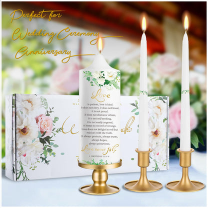 3 Unity Floral Candles for Wedding Ceremony Set with Gold Candle Holders, Bible Wedding Unity Set – Elegant Gift for Bride, Groom, Religious or Catholic Weddings