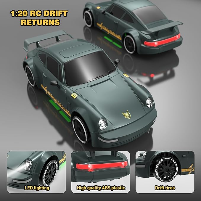Remote Control Car RC Drift Car 2.4GHz 1:20 Scale 4WD 20KM/H High Speed Remote Control Cars with LED Lights Drifting Tire 2Pcs Rechargeable Batteries Toy Cars for Adults Boys Girls (Gray Green)