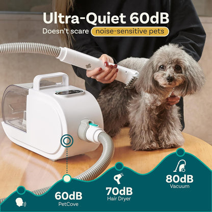 PetCove Dog Grooming Kit – Pet Clippers, Nail Grinder & Blow Dryer with Quiet 3-Speed Suction, 3 Heat Settings, 2.6L Dog Hair Vacuum Dust Bin, HEPA System, Self-Cleaning Brushes