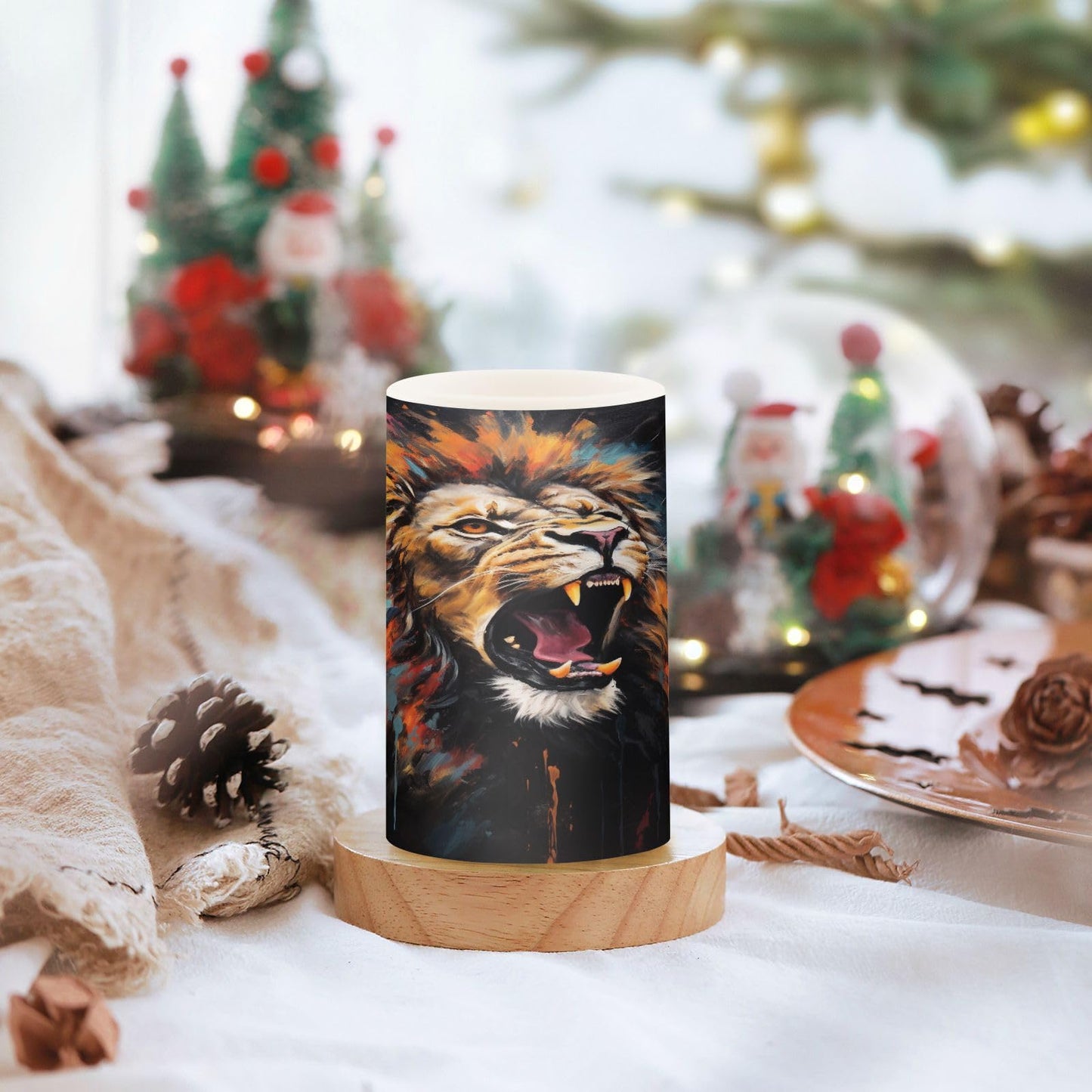 Lights Flameless Candles Painting Roaring Lion Pillar Candles Set of 2 Battery Operated Remote Control Warm Lights Home Decor