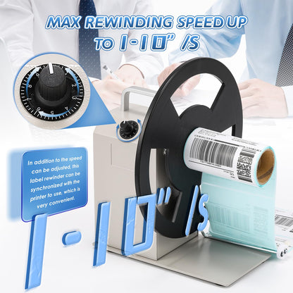 Frifreego Automatic Label Rewinder, Speed-Adjustable Sticker Rewinder, Bidirectional Label Rewinding Machine, Synchronized with Printer, 1"/1.5"/3" Core Holder, Width 3.54"
