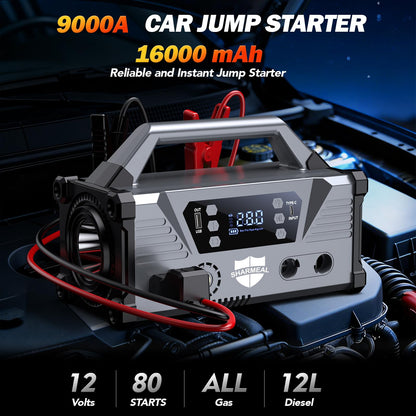 Sharmeal Jump Starter with Air Compressor，9000A Car Battery Jump Starter (All Gas/12.0L Diesel)，200PSI Car Battery Jumper Starter Portable 12V Jump Box with Jumper Cables, LED Light