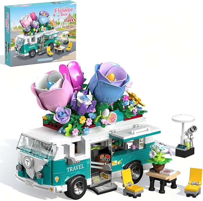 Flower Camper Van Building Set 862 Piece Botanical Travel Bus with Opening Side Cabin Outdoor Table Chairs Creative Gift for Teens Adults Home Decor STEM Educational Assembly Building