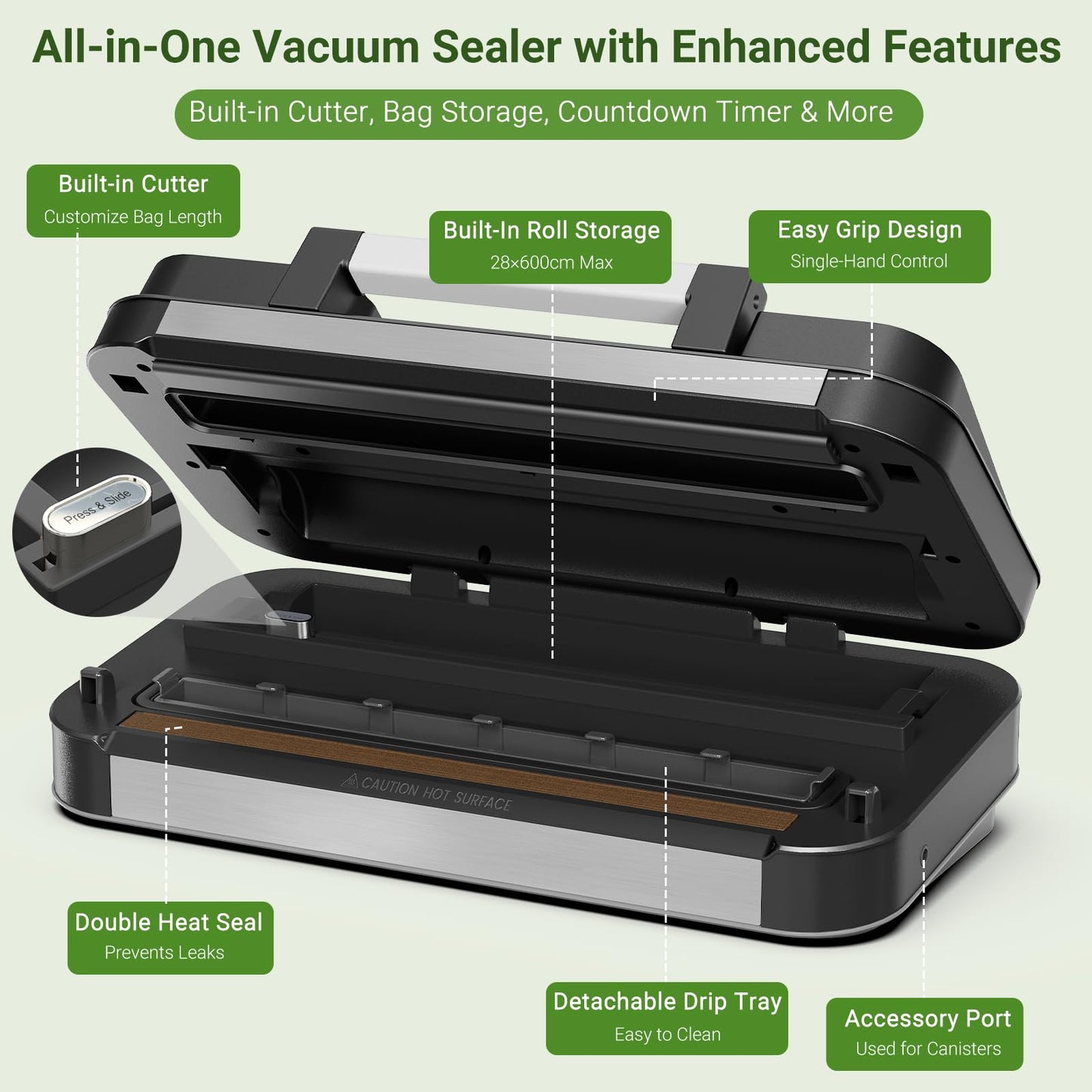 95kPa Vacuum Sealer Machine, Powerful Double Pump 10-in-1 Food Sealing System with Double Heat Seal, Built-in Cutter & Bag Storage, Easy-Lock Handle, Hose, 2 Bag Rolls, Durable Stainless Steel Design