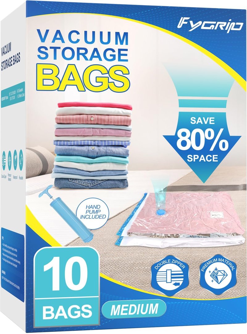 Fygrip Vacuum Storage Bags with Hand Pump, Plastic Packaging Bags, 80% Space Saver Vacuum Seal Bags for Clothing, Travel Lugggage, Blankets, Comforters, 10 Medium