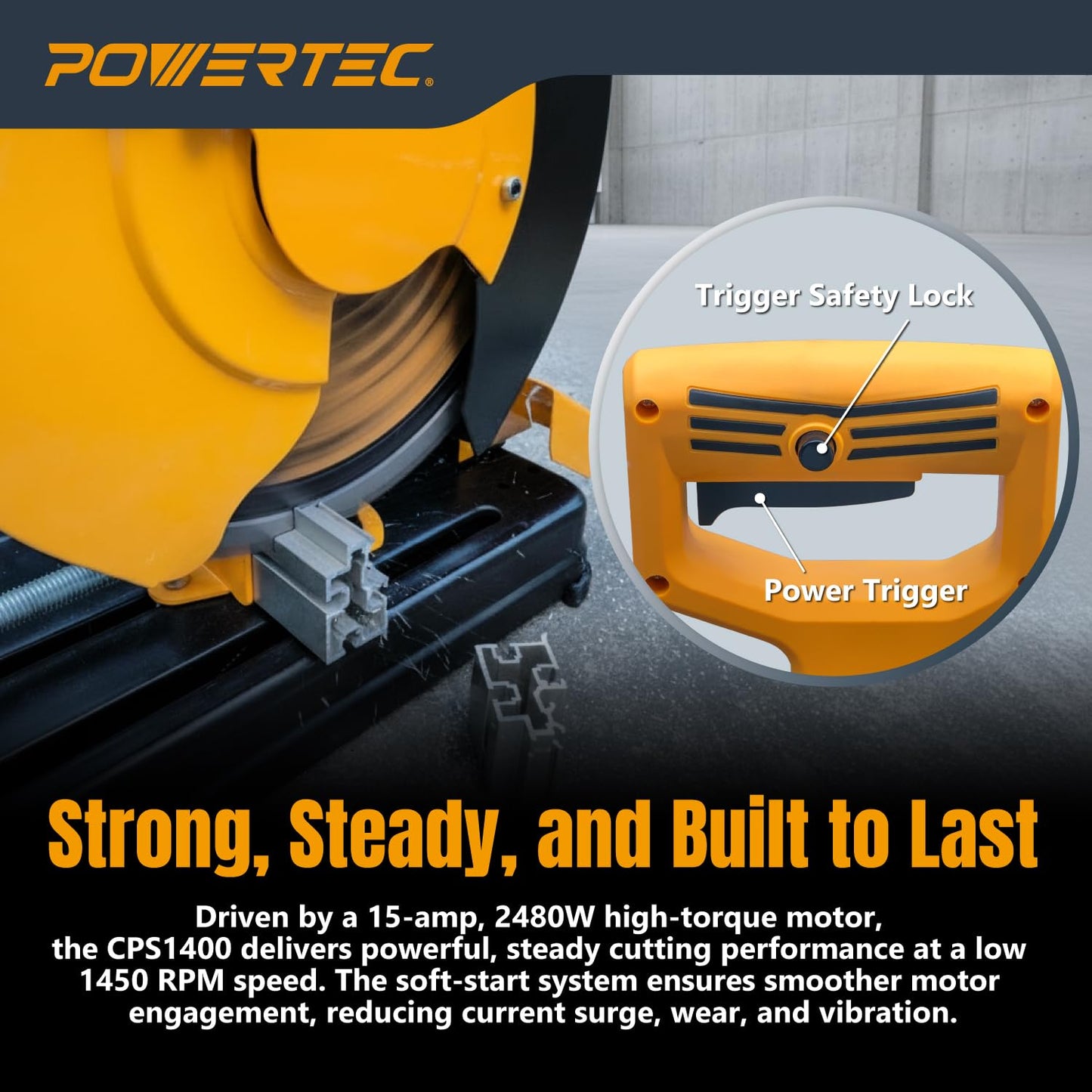 POWERTEC 14-Inch Multi-Material Chop Saw, 15 Amp, TCT Blade, Adjustable Fence & Depth Stop, Quick-Release Vise, Soft Start, for Metal, Wood, Plastic, and More (CPS1400)