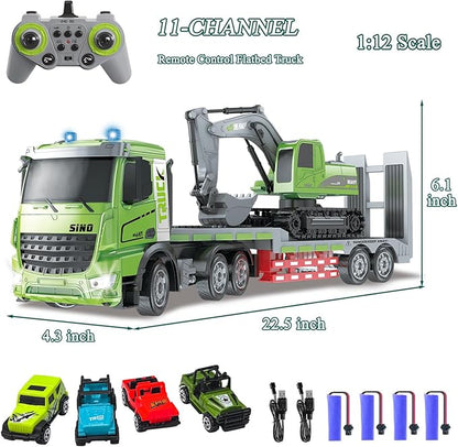 Fistone RC Semi-Trailer Truck &amp Excavator Toy Set 1:12 Scale with Sound and Lights 11CH 2.4Ghz Remote Control Flatbed Truck and Excavator Toys Great Gift for Kids Boys