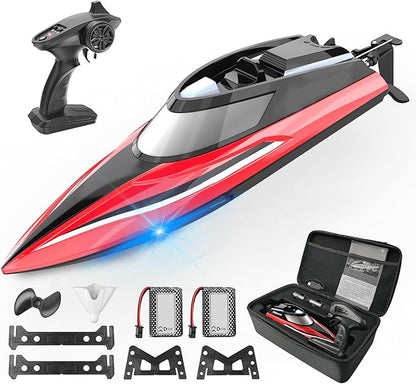 BEZGAR RC Boat 14 inch Remote Control Boat - Self-righting 40 Min Dual-Battery 32 KPH Fast RC Boats for Kids &amp Adults with LED Lights for Pool Lake Ocean Waterproof &amp Suitcase - Red