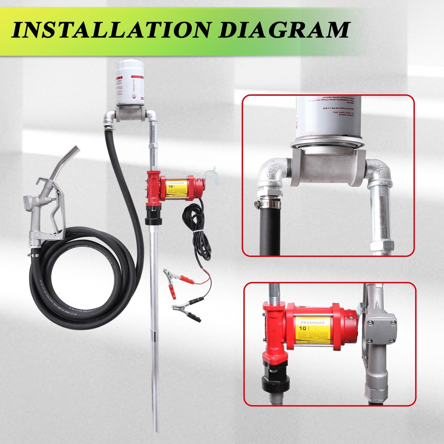 PRUNkuar 10GPM 12V Fuel Transfer Pump with Manual Nozzle, Particulate Filter，Cast Iron Heavy Duty for Gasoline Diesel Kerosene Biodiesel