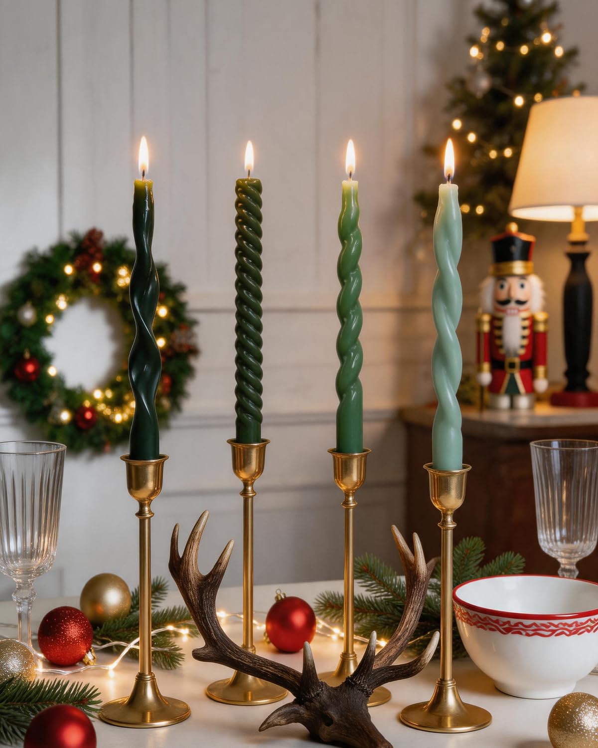 10 Inch Green Taper Candles-Spiral Tapered Candle Smokeless Unscented Candlestick Long Slow Burning 8 Hours Tall Sticks for Christmas Wedding Dinner Parties-4Pack