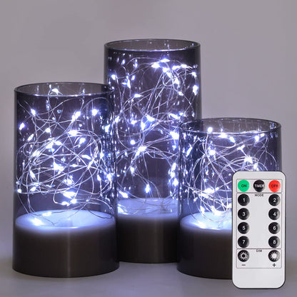 Homemory Flickering Flameless Candles with Remote, Embedded String Lights in Acylinder Vase, Battery Operated Fake Candles, Gray LED Candles with Timer for Home Decor, 8 Mode Lights, Set of 3