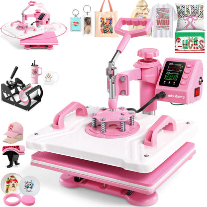 Whubefy Heat Press 12x15 inch 5 in 1 Combo with Mug Press, 360° Swing Away Digital Shirt Press Machine, Industrial-Quality Heat Transfer Sublimation for T-Shirt/Tumbler/Mug/Hat/Cap/Plate