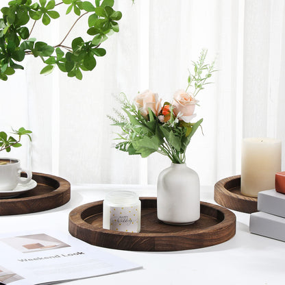 Sintuff 6 Pcs Rustic Wood Decorative Tray Round Wooden Serving Farmhouse Tray Decorative Candle Holder Serving for Kitchen Centerpiece Home Decor(Brown)