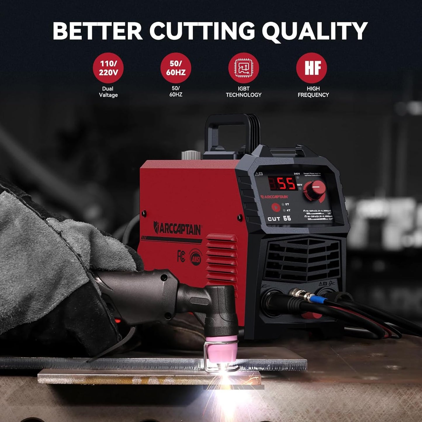 ARCCAPTAIN 55A Plasma Cutter, Non-Touch Pilot Arc High-Frequency Plasma Cutting Machine + ARCCAPTAIN Internal Control Auto Darkening Welding Helmet,