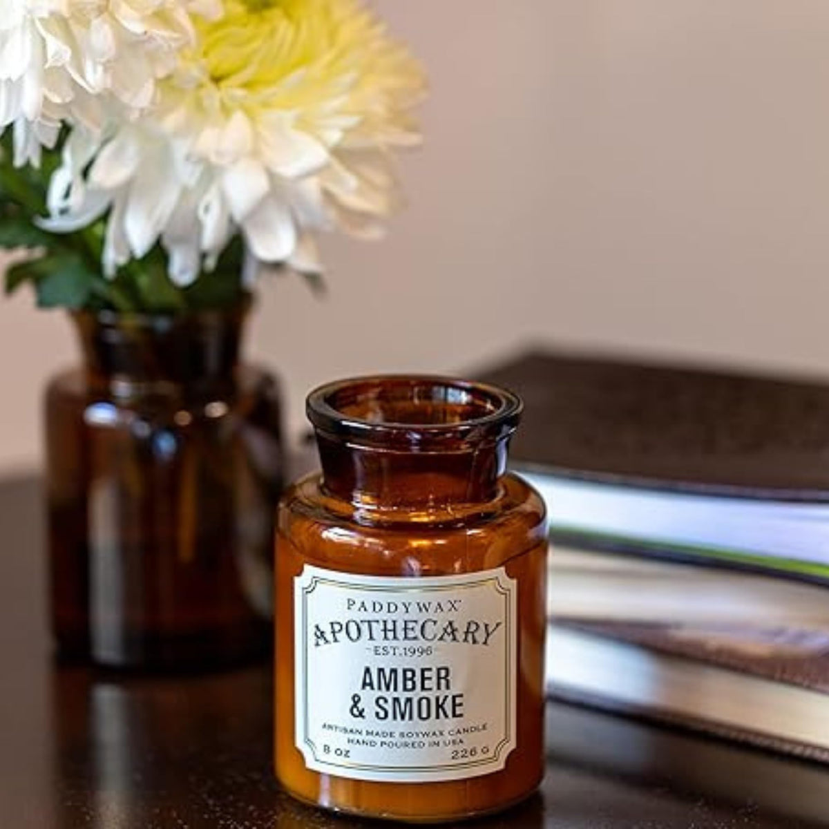 Paddywax Artisan Apothecary Scented Candle with Lid in Reusable Glass Jar, Clean-Burn Soy Candle with Approx. 54 Hour Burn Time, Amber & Smoke, 8 oz.