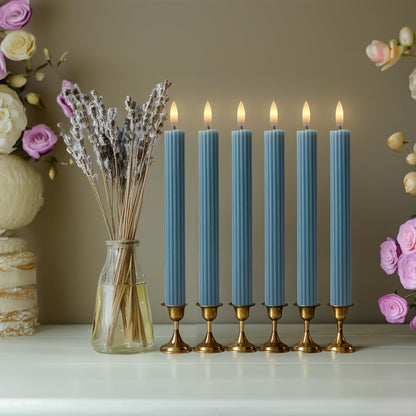 West Ivory 12 Pack, 10" LED Flameless Blue Fluted Ribbed Grooved Taper Candles with 2 Remotes & 24h Timer Memory, On/Off Button, Dimmable, Flicker Mode, Battery Operated, Christmas Menorah Wedding
