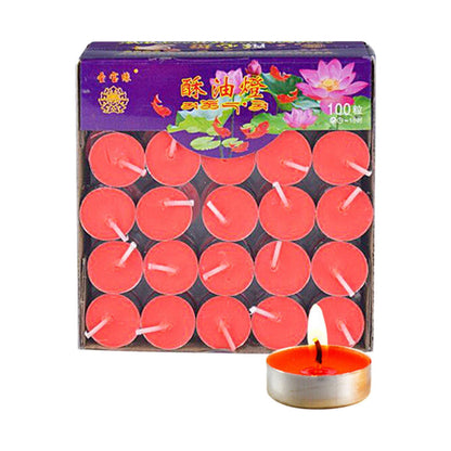 Gcljlmy 100x Smokeless Round Candles 1H Long Burning Tea Light Tibetan Buddhist Church Tealight Ghee Butter Lamp Candles for Wedding Meditation Rituals Altars (Red)