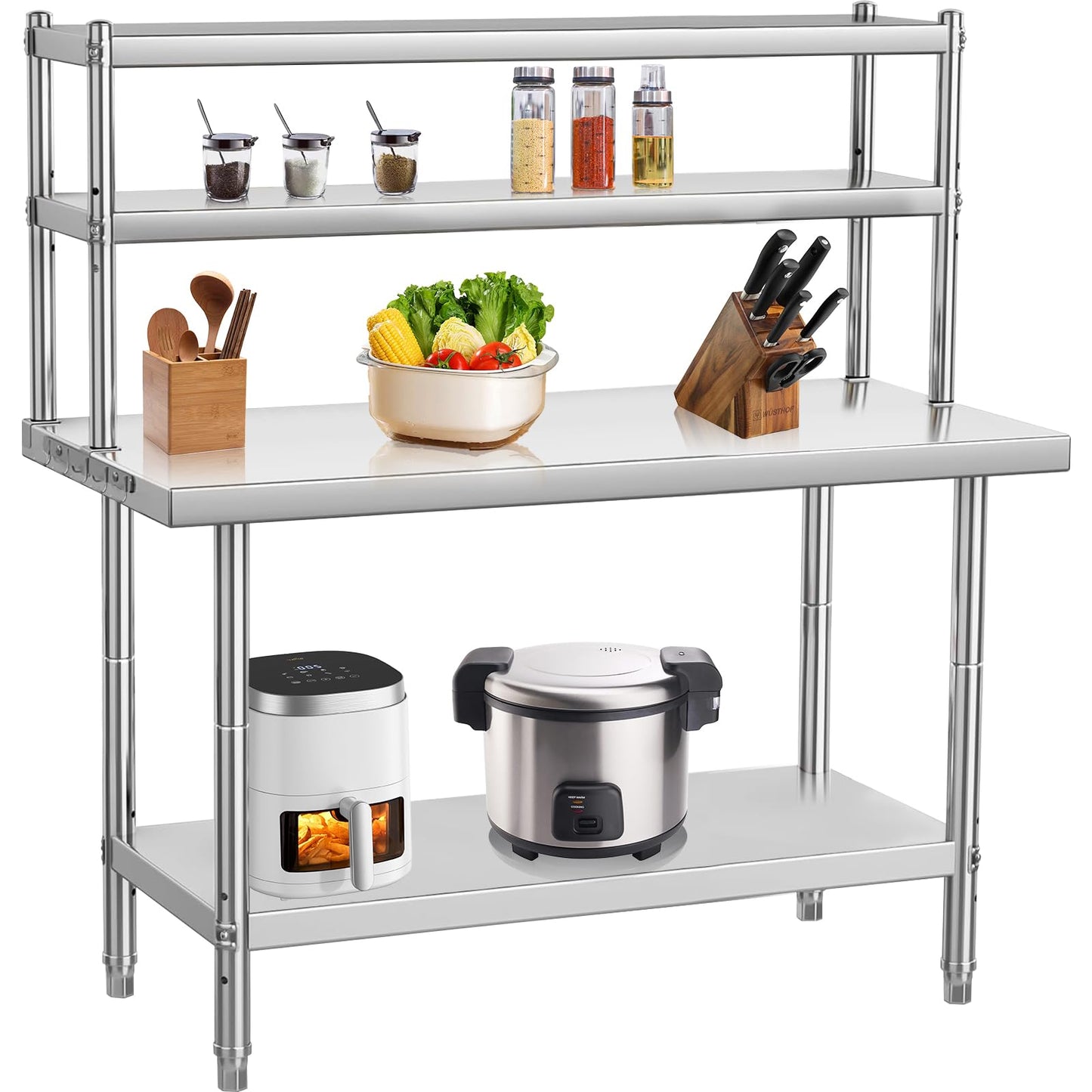 36 x 24 in Stainless Steel Table with Overshelves for Prep & Work, NSF Commercial Stainless Steel Kitchen Island with Adjustable Shelf & Hooks for Restaurant, Home and Hotel