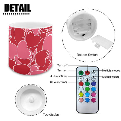 Merkmak Pack of 4 Full Heart Print Flameless Candles with Remote Battery Operated Candles with Timer Waterproof Flameless Pillar Tea Lights for Valentines Day Wedding Home Decorations