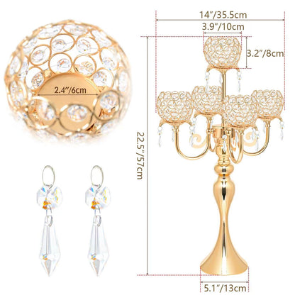2 PCS Kehail Crystal Table Decoration Gold Candle Holder with Pendant, 5 Arm Candelabra Holder Beautiful Hollow Engraved Table Centerpiece for Christmas, Thanksgiving, Weddings, Holiday Parties