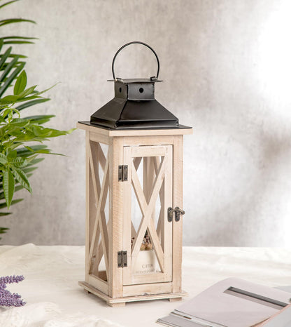 TIMRIS Large Wooden Candle Lanterns Decorative Set of 2, Rustic Farmhouse Whitewash Floor Lanterns, Indoor/Outdoor Hanging Lanterns for Home Decor (No Glass)