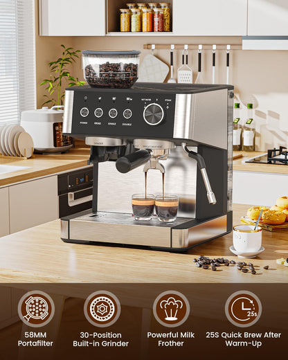 Electactic Espresso Machine with Grinder, 15 Bar Expresso Coffee Machines with Milk Frother Steam Wand, Professional Espresso Maker with Removable Water Tank, Cappuccino & Latte Machine for Home