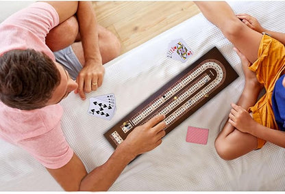 AMEROUS Wooden Cribbage Board Game Set with Magnetic Lock - Metal Pegs - 2 Playing Cards - Continuous 3 Track Board - Larger Storage Area Travel Portable Cribbage Game Sets for Family