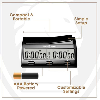 Chess Armory Advanced Digital Chess Clock - Portable Timer with Tournament and Bonus Time Features