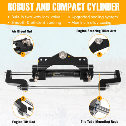 𝐔𝐩𝐠𝐫𝐚𝐝𝐞 200HP Hydraulic Outboard Steering Kit Boat Marine System with Electroplated Steering Wheel, Helm Pump, Hydraulic Cylinder, 26ft PU Hoses, Fit for Most Single Outboard-Powered Boats