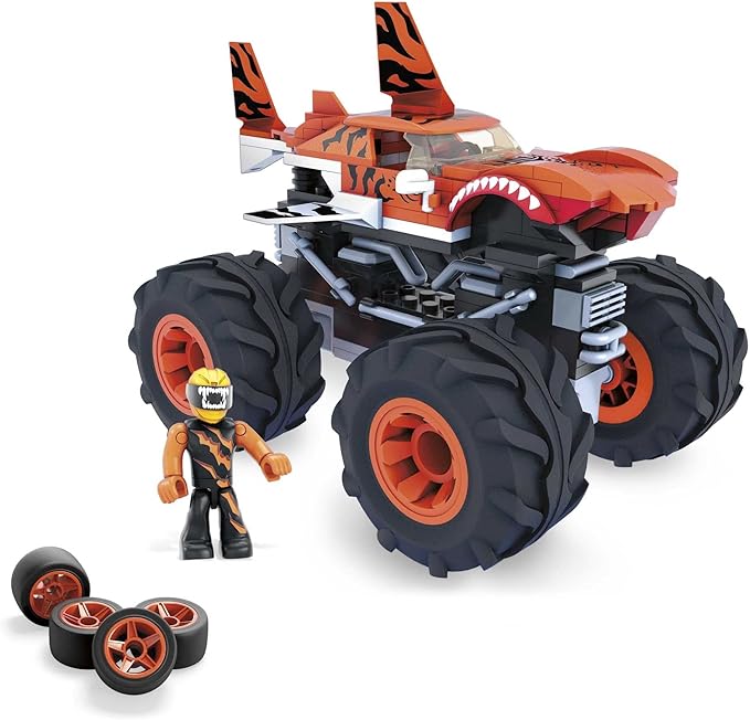 MEGA Hot Wheels Monster Trucks Building Toy Playset Tiger Shark with 187 Pieces 1 Micro Action Figure Driver Orange and Black Kids Age 5+ Years