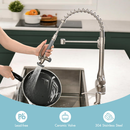 GIMILI Commercial Kitchen Faucet with Pull Down Sprayer, Double Headed Single Handle High Pressure Kitchen Faucet with Soap Dispenser Brushed Nickel