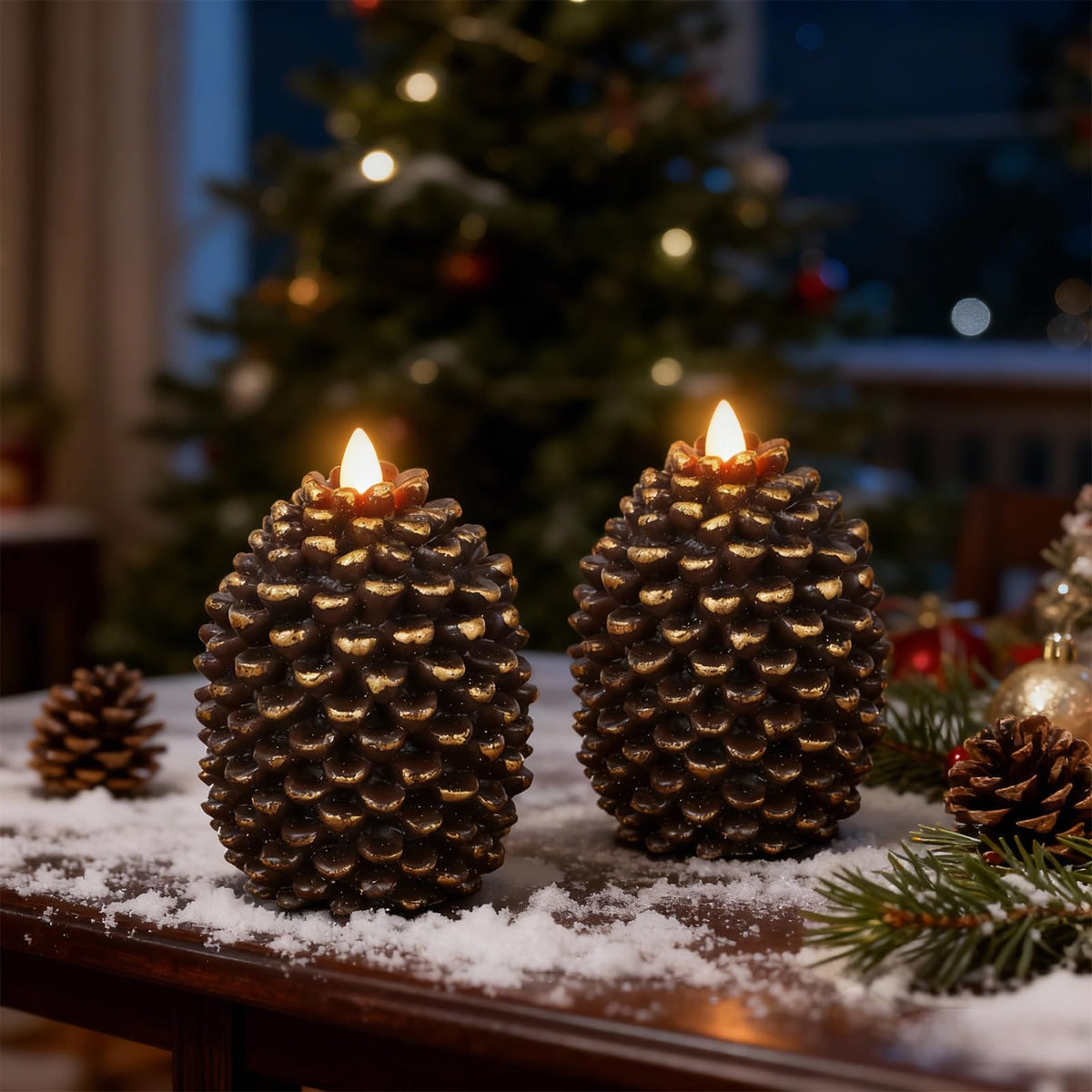 Eldnacele Pine Cone Flameless Candles Battery Operated with 6 Hour Timer Unscented Real Wax Flat Wick Flickering Pinecone LED Candles Christmas Home Holiday Decoration(2 Pack Brown)
