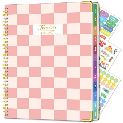 Teacher Planner 2026-2027, Jul 2026-Jun 2027 Academic Year, 8.5" x 11" Lesson Planner Book for Teacher Calendar, Spiral Bound Planners, Planning Stickers, Colorful Monthly Tabs, PinkCheckered