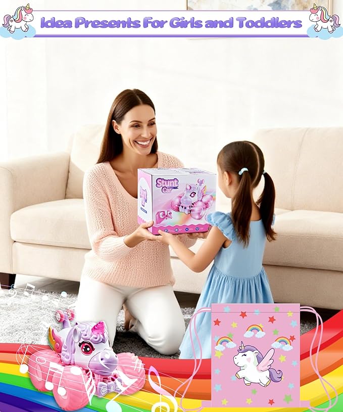 Remote Control Car Unicornios Trucks with Lights and Music360°Rotating 4WD Stunt RC Cars Toys for Girls 2.4 GHz Rechargeable All Terrain RC Toys Presents for Girls Age 3-10 (With Storage Bag)