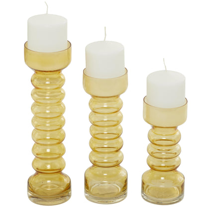 Deco 79 Glass Decorative Candle Holder Bubble Pillar Candle Stand, Set of 3 Candlestick Holder 13", 11", 8" H, Yellow