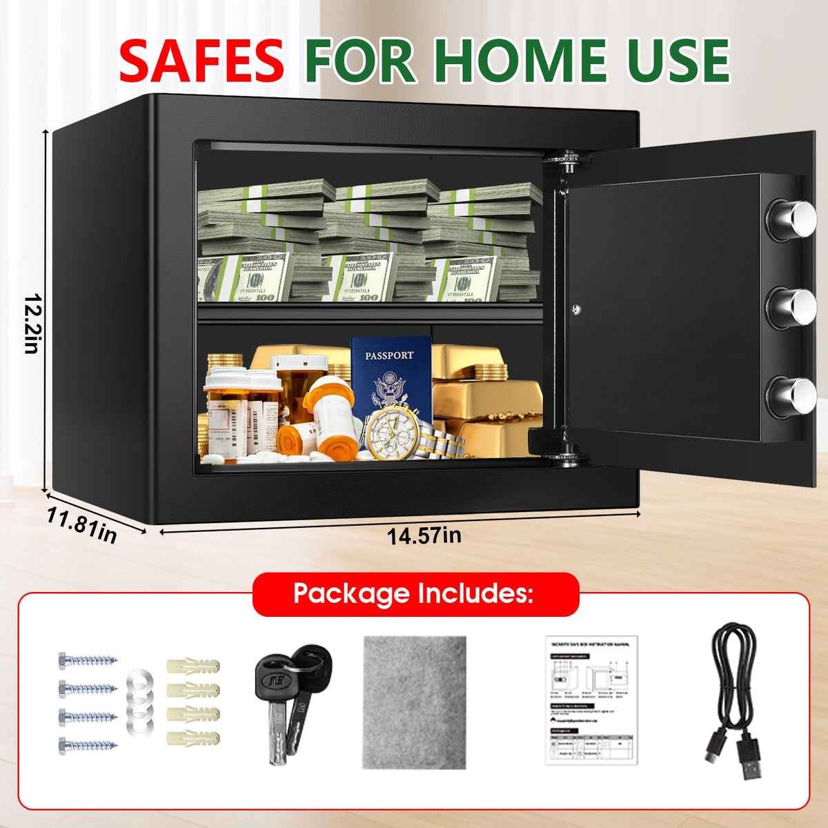 1.8 Cubic Feet Small Fire Safe Box for Home, Fireproof Lock Box, Security Money Safe with Digital Keypad, Spare Keys and Removable Shelf, Personal Home Safes for Money, Jewelry, ID Documents