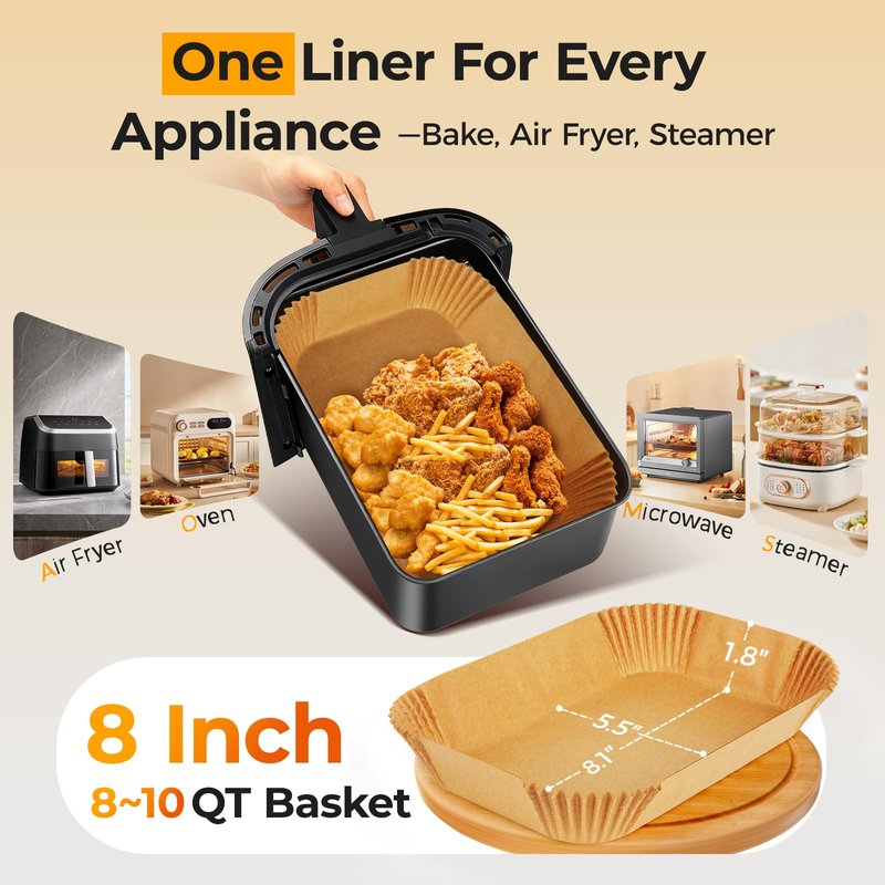 Vailnd Air Fryer Liners Disposable for Dual Basket, 100Pcs 8x5.5 Inch Rectangle Air Fryer Paper Liner for Ninja DZ201 DZ401, Chefman/COSORI 2-Basket, Oil Proof Parchment Paper