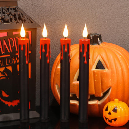Eldnacele LED Flameless Taper Candles Battery Operated with Remote and Timer 3D Wick Flickering Blood Dripping Halloween Dinner Spooky Horror Home Decoration Set of 4 Black Candles, 0.78" x 8.9"