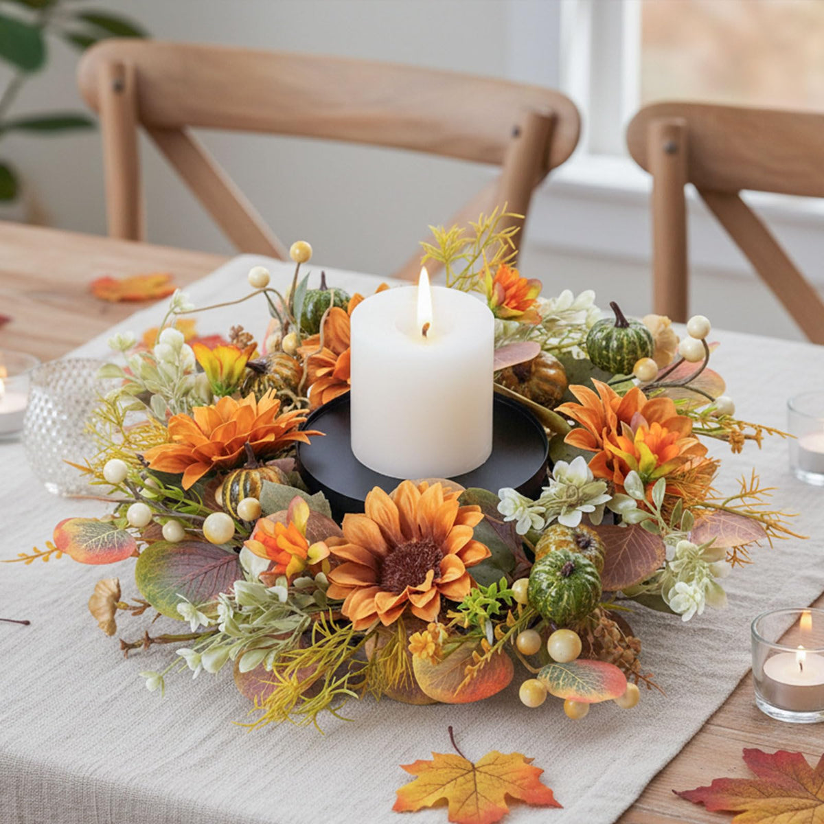 MOYEE Autumn Candle Holder Centerpieces for Tables,Candle Ring, Black Metal Candlestick with an Artificial Wreath 14 in Versatile Dining Table Centrepiece (Caramel Sunflower Wreath)