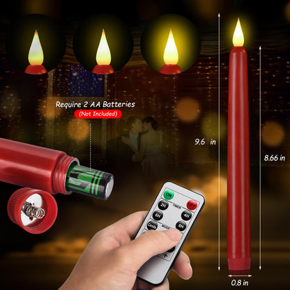 Flameless Taper Candles with Remote Control and Timer, Battery Operated LED Candlesticks with Flickering 3D Flame, 9.6×0.8Inches Plastic Tall Candles for Christmas, Wedding and Home Decor (Red, 9)