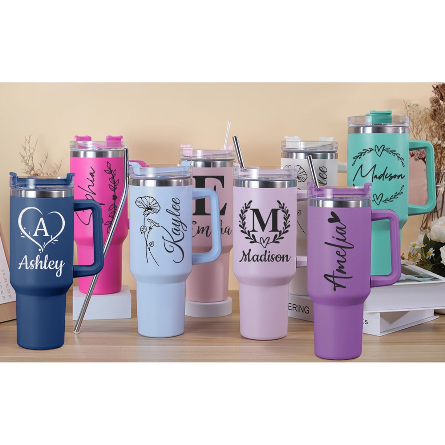 Elemtansy Personalized 40 Oz Tumbler with Handle and Straw, Custom Cup with Name, Stainless Steel Travel Coffee Tumbler, Personalized Birthday Gifts for Women