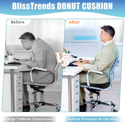 BlissTrends Donut Pillow Seat Cushion,Donut Chair Cushions for Postpartum Pregnancy & Hemorrhoids,Tailbone Pain Relief Cushion,Memory Foam Lifting Cushions for Office&Home Chairs (Black)