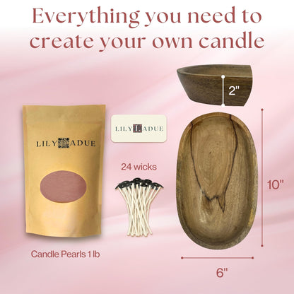 LILY LADUE 1LB Rose Scented Pearled Candle Sand Kit - Decorative Refillable Sand Candle Kit with 24 Wicks and Wooden Holder, Pink Wax Beads, Powder Wax Pearls to Make Your Own Home Decor, Gift Set