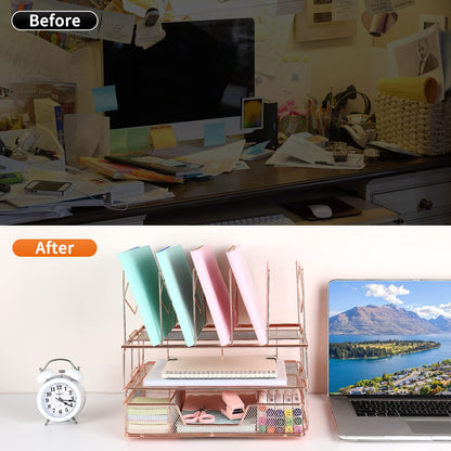 gianotter Desk Organizers and Accessories, Office Supplies Desk Organizer with Sliding Drawer, Double Tray and 5 Upright Section File Sorter Organizer (Rose Gold)